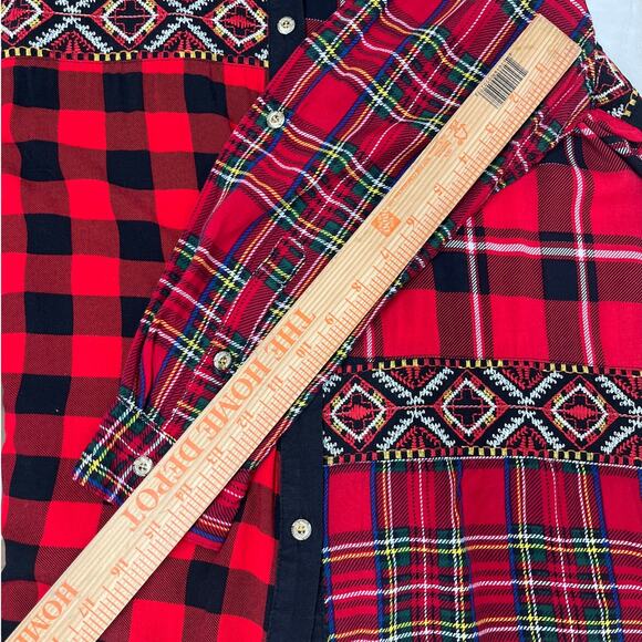 Calessa Red Patchwork Plaid Embroidered Button Front Top Medium Artsy Holiday - Picture 9 of 10